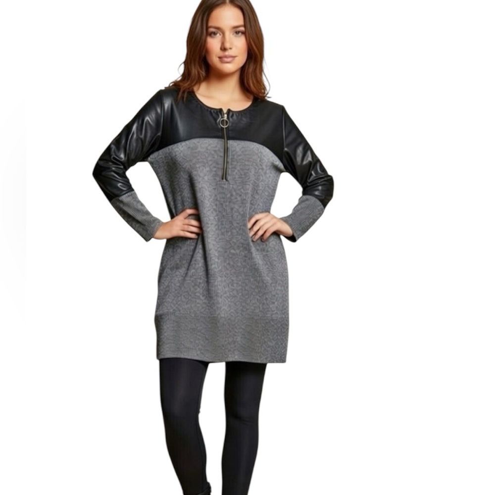 ARTEX FASHIONS Faux Leather-Like Half Zip Tunic